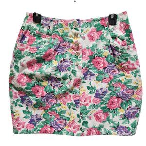 Vintage RAZZ International Size 13 Floral Denim Skirt High Waist Button Front